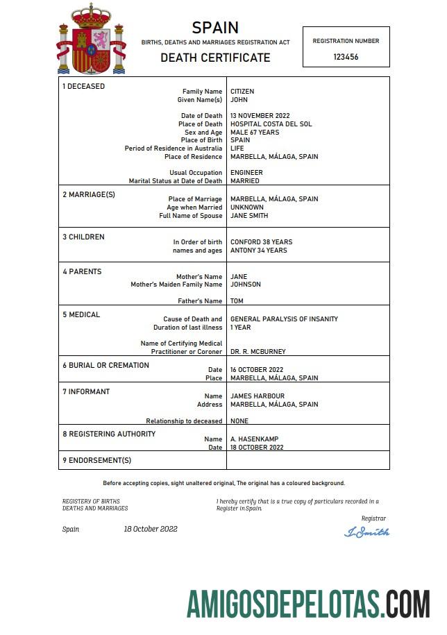 Imprimível modelo Word e PDF de certidão de óbito da Espanha