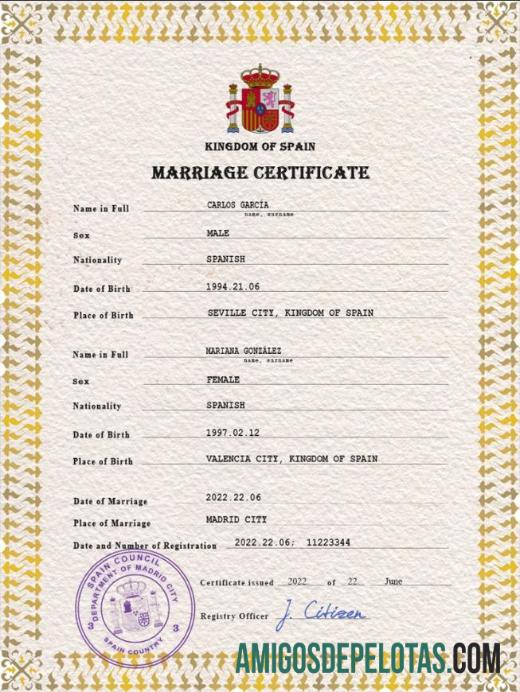 Em branco modelo PSD de certidão de casamento na Espanha