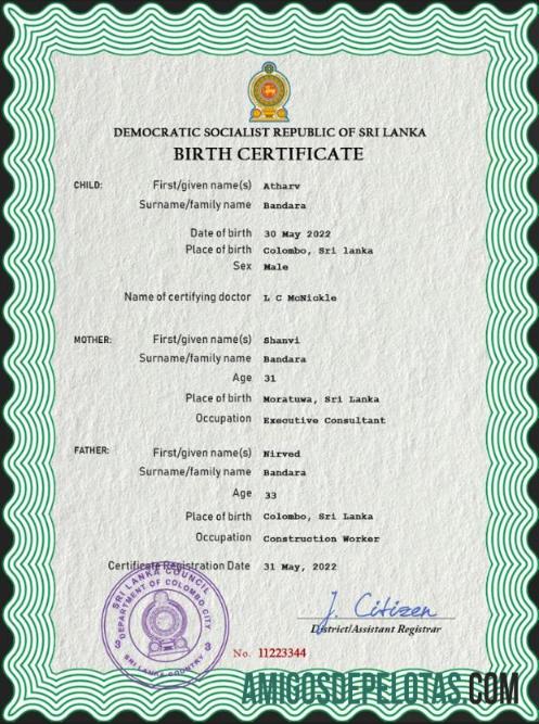 para download Modelo PSD de certidão de nascimento de registro vital do Sri Lanka