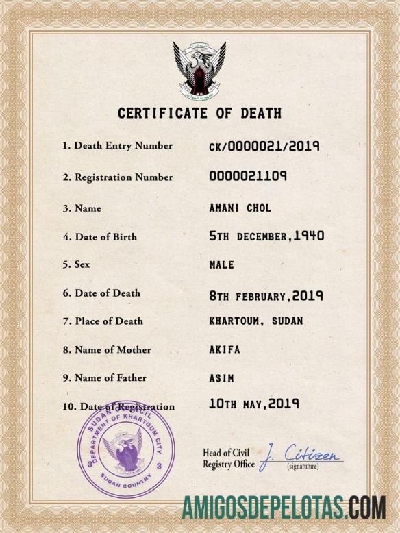 Em branco modelo PSD de certidão de óbito do Sudão