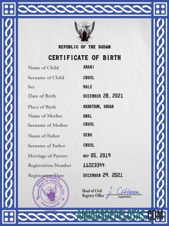 Imprimível modelo PSD de certidão de nascimento de registro vital do Sudão