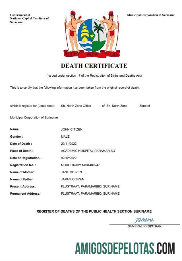 para download Modelo Word e PDF de certidão de óbito do Suriname