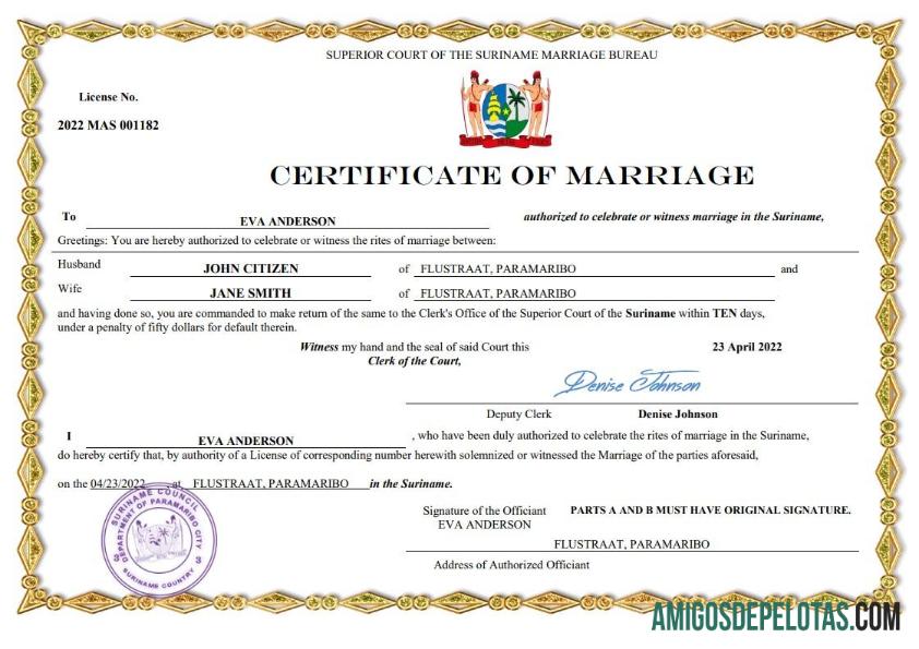 Imprimível modelo Word e PDF de certidão de casamento do Suriname