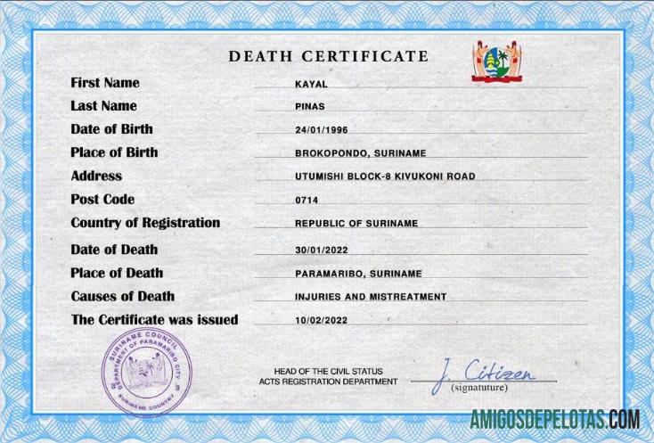 para download Modelo PSD de certidão de óbito de registro vital do Suriname