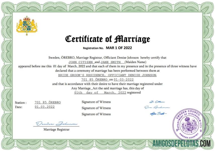 para download Modelo Word e PDF de certidão de casamento na Suécia