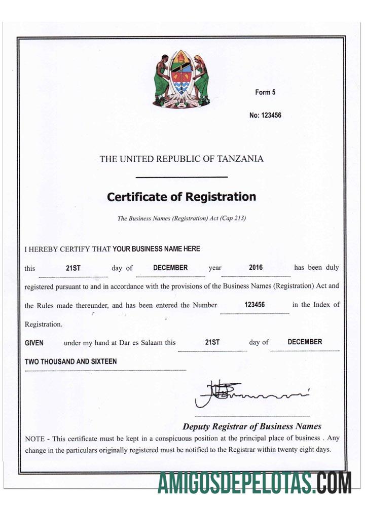 Registro de negócios da TANZÂNIA. Certificado exemplo real