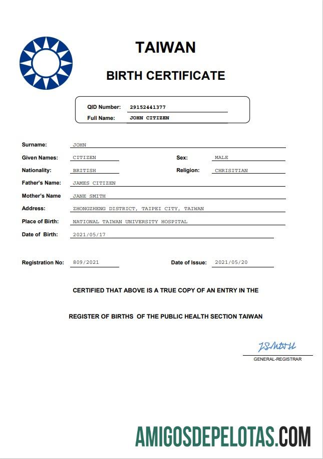 Certidão de nascimento de Taiwan em formato Word e PDF baixar para verificação