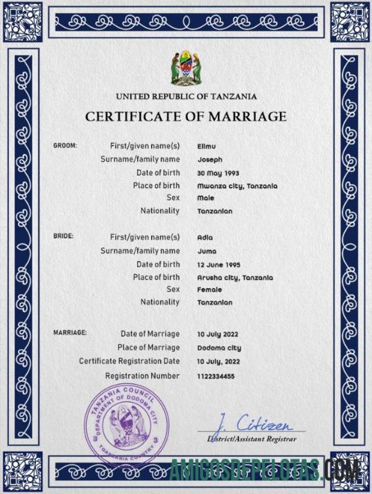 para download Modelo PSD de certidão de casamento da Tanzânia