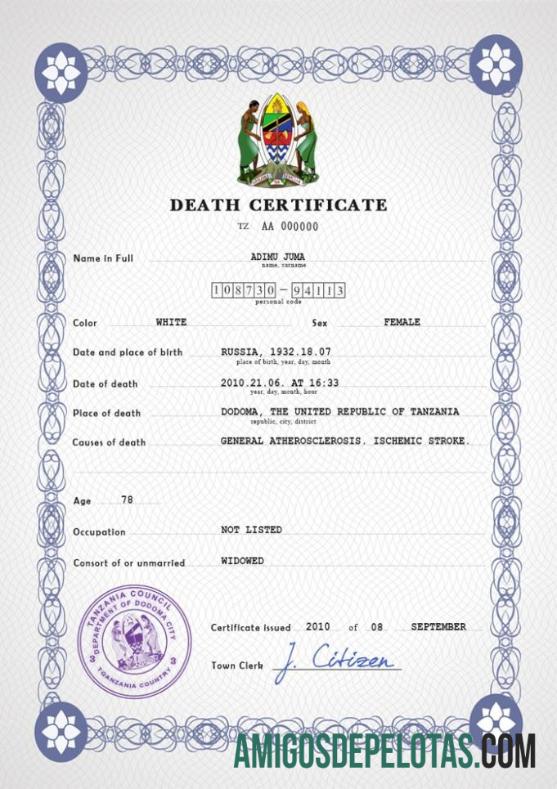 realista Modelo PSD de certidão de óbito de registro vital da Tanzânia