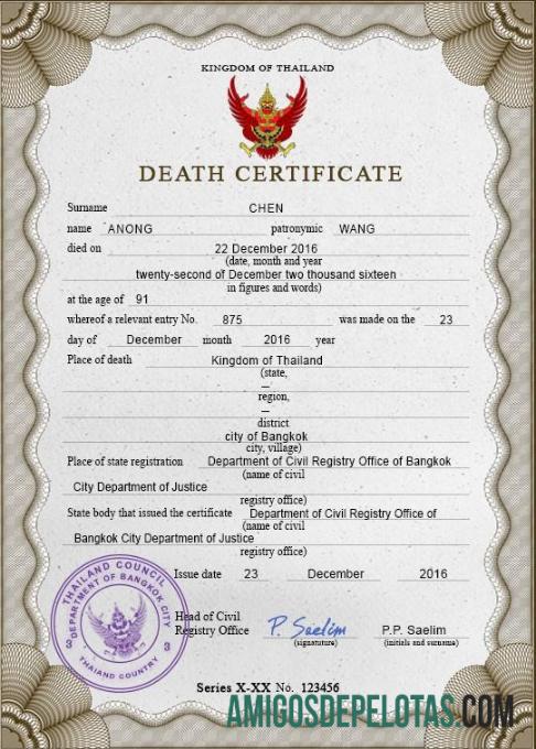 Em branco modelo PSD de certidão de óbito da Tailândia