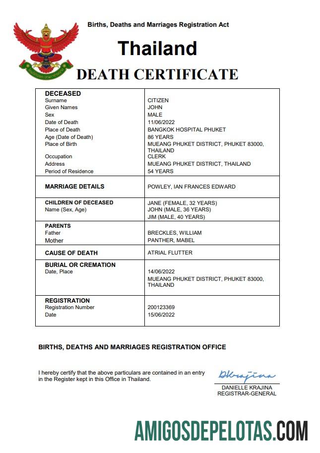 Imprimível modelo Word e PDF de certidão de óbito da Tailândia