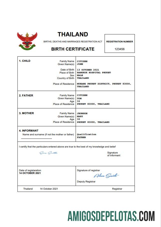 para download Modelo Word e PDF de certidão de nascimento de registro vital da Tailândia