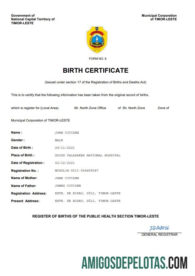para download Modelo Word e PDF de certidão de nascimento de Timor Leste