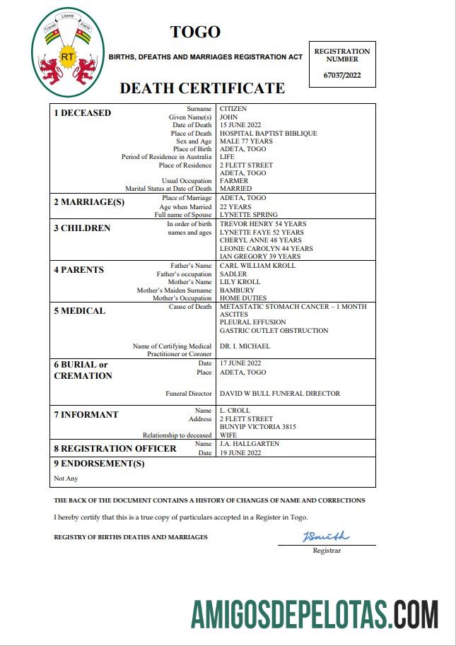 Imprimível modelo Word e PDF de certidão de óbito de registro vital do Togo