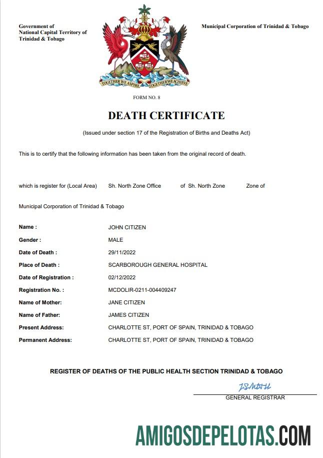 para download Modelo Word e PDF de certidão de óbito de Trinidad e Tobago