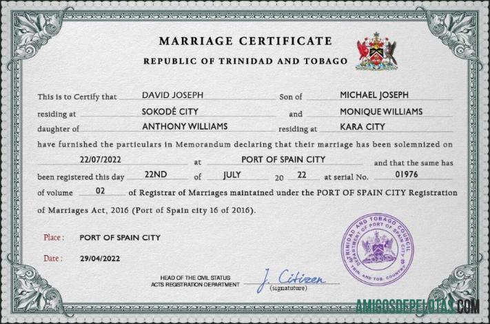 Em branco modelo PSD de certidão de casamento de Trinidad e Tobago