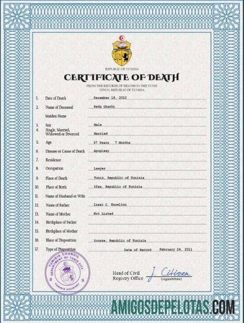 Em branco modelo PSD de certidão de óbito de registro vital da Tunísia