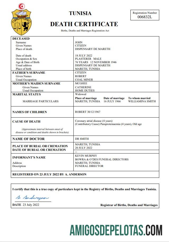 Imprimível modelo Word e PDF de certidão de óbito de registro vital da Tunísia