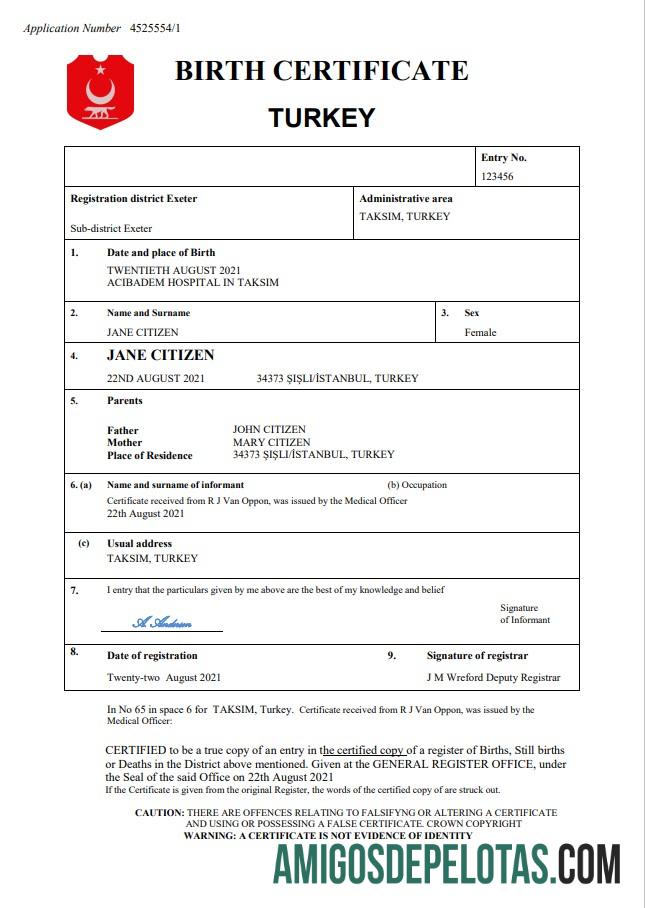 Certidão de nascimento da Turquia em formato Word e PDF amostra