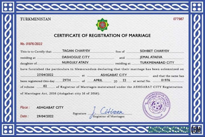 Em branco modelo PSD de certidão de casamento do Turcomenistão