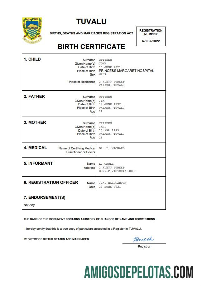 para download Modelo Word e PDF de certidão de nascimento de Tuvalu