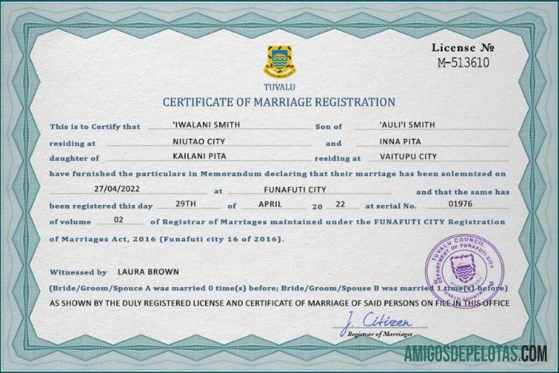 realista Modelo PSD de certidão de casamento de Tuvalu