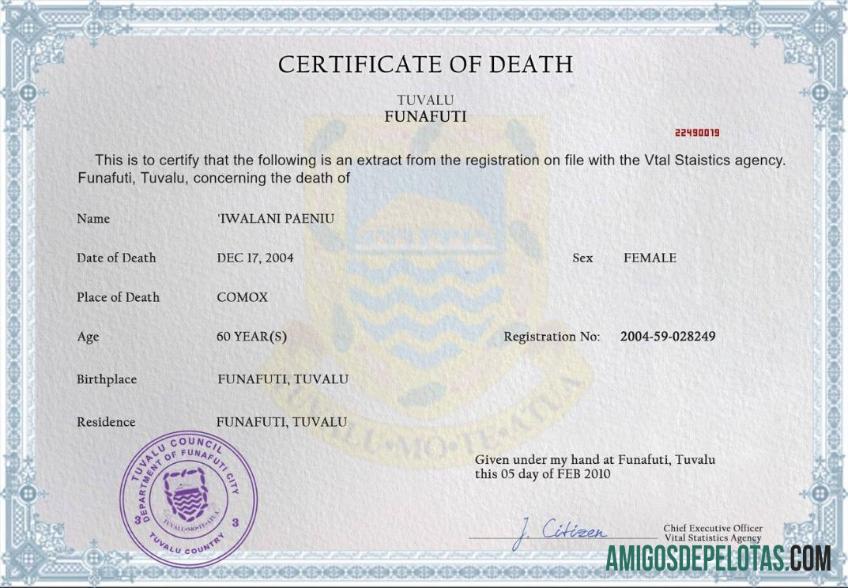 Em branco modelo PSD de certidão de óbito de registro vital de Tuvalu