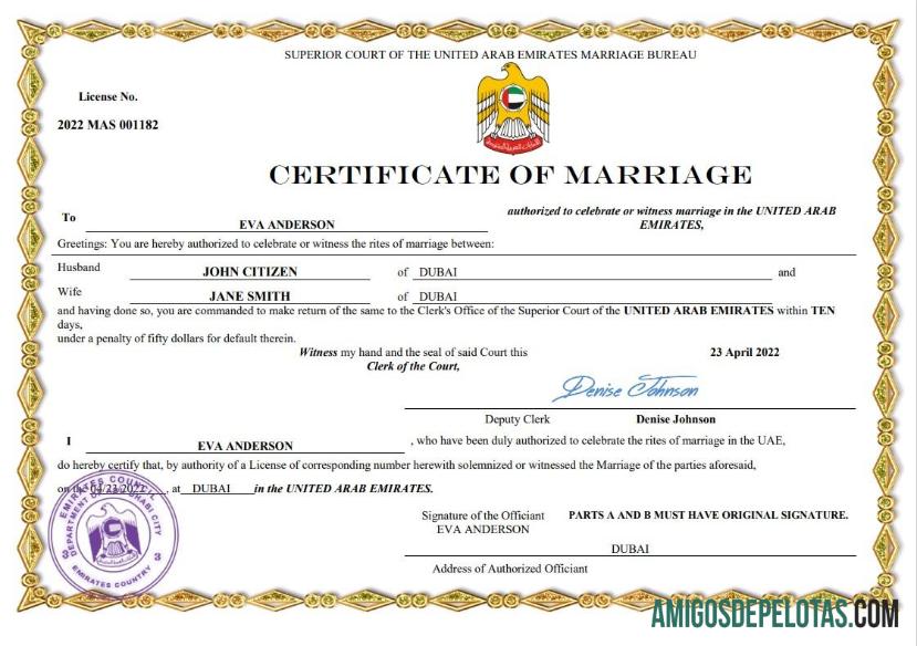 para download Modelo Word e PDF de certidão de casamento nos Emirados Árabes Unidos