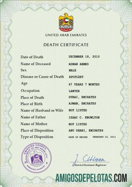 para download Modelo PSD de certidão de óbito de registro vital dos Emirados Árabes Unidos