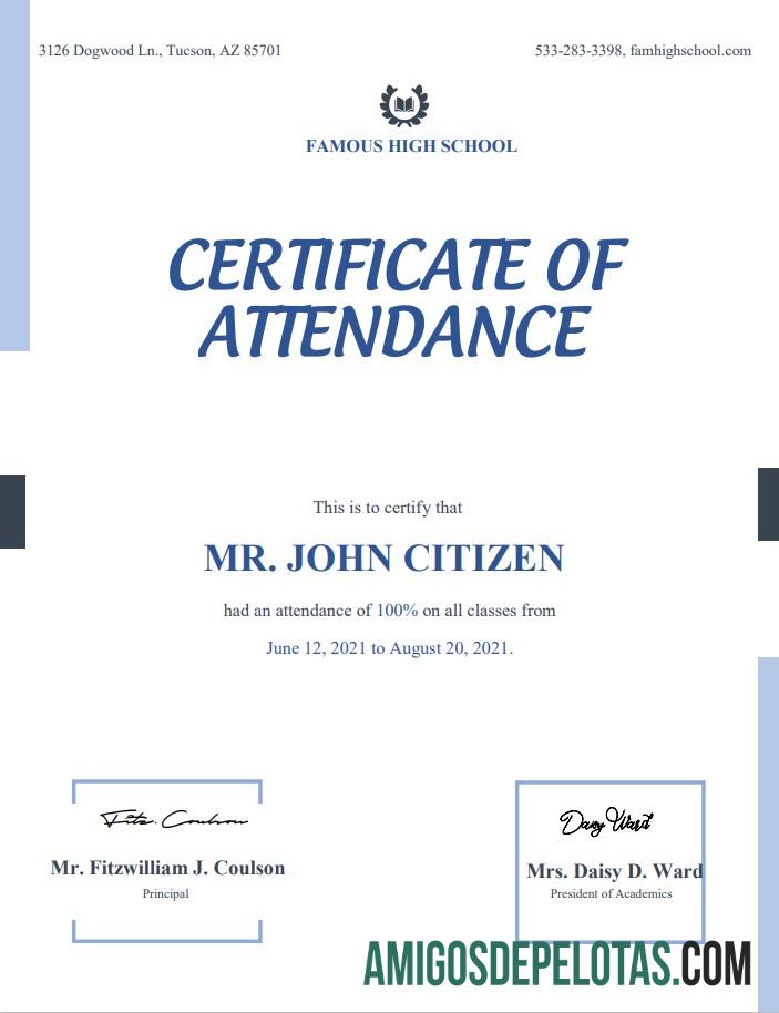 Imprimível modelo de certificado de frequência nos EUA em formato Word e PDF