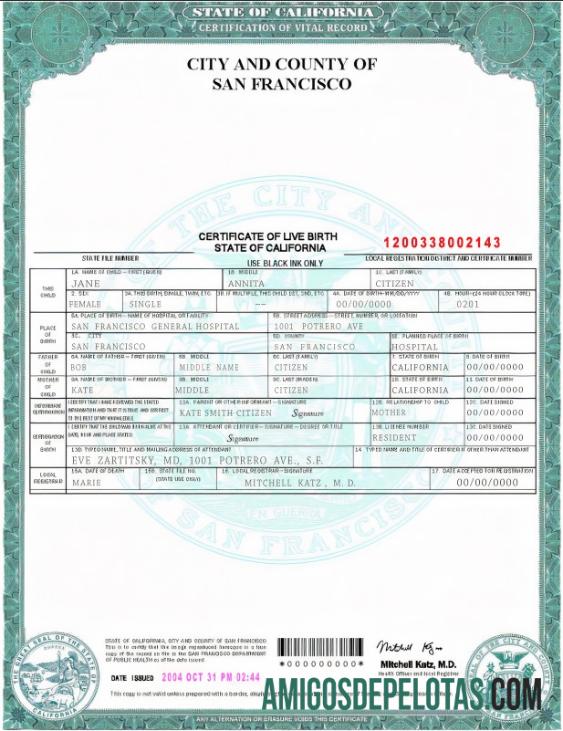para download Modelo de certidão de nascimento do estado da Califórnia nos EUA em formato PSD