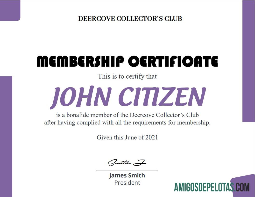 Certificado de Membro do Clube dos EUA exemplo
