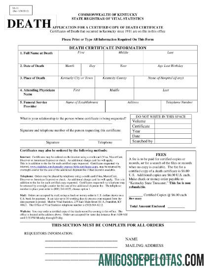 Certidão de Óbito da Comunidade de Kentucky dos EUA baixar para verificação