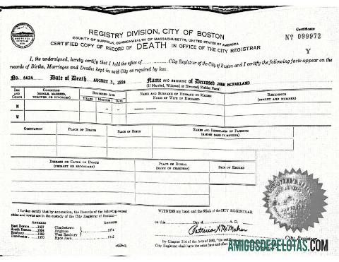 Certidão de Óbito da Comunidade de Massachusetts dos EUA exemplo