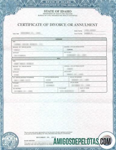 Certificado de divórcio do Departamento de Saúde e Bem-Estar de Idaho dos EUA exemplo