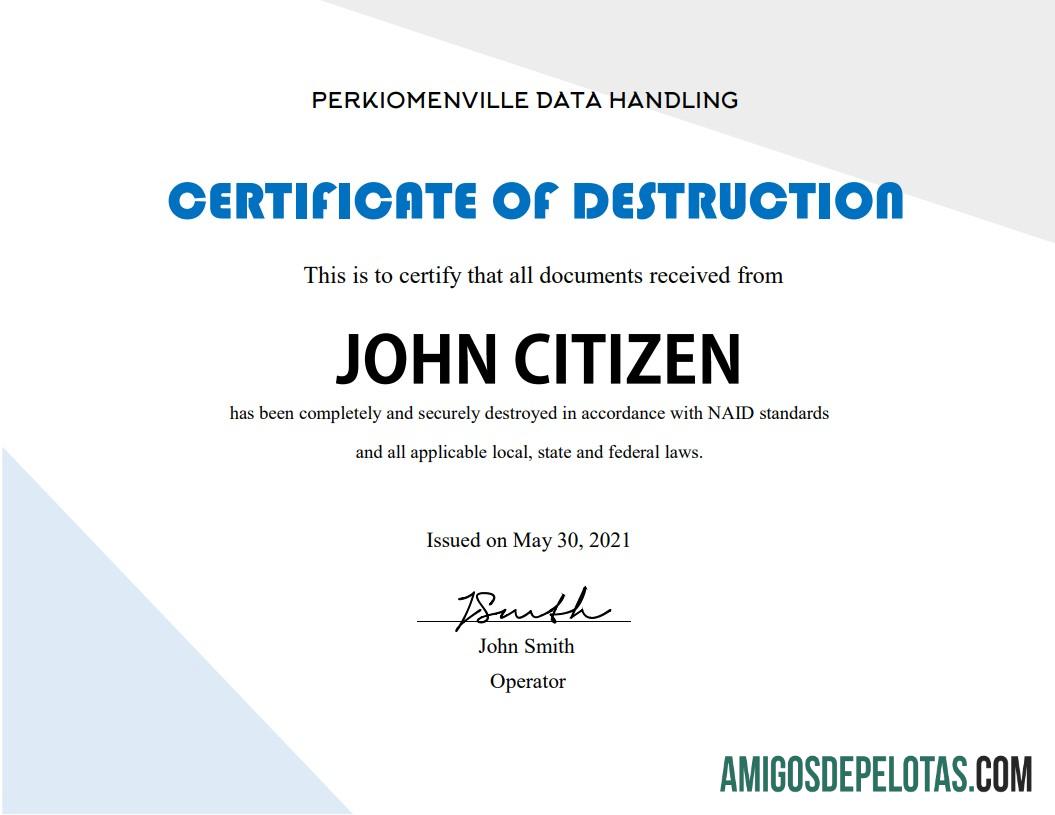 Certificado de Destruição dos EUA modelo