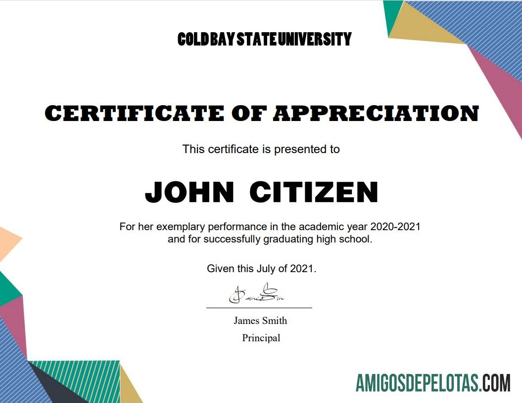 Imprimível modelo de certificado de agradecimento de formatura nos EUA em formato Word e PDF