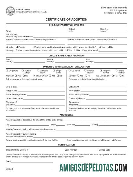 Certificado de Adoção do Departamento de Saúde Pública dos EUA, Illinois modelo