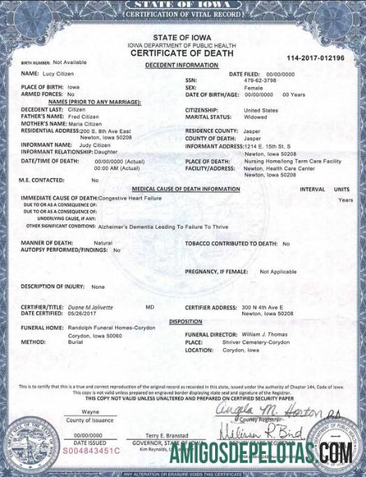 para download Modelo de certidão de óbito do estado de Iowa nos EUA em formato PSD