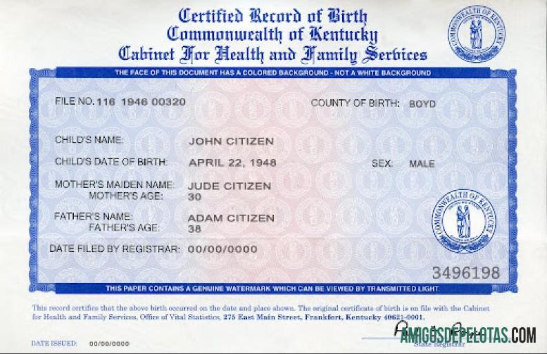 Certidão de nascimento nos EUA em Kentucky exemplo real