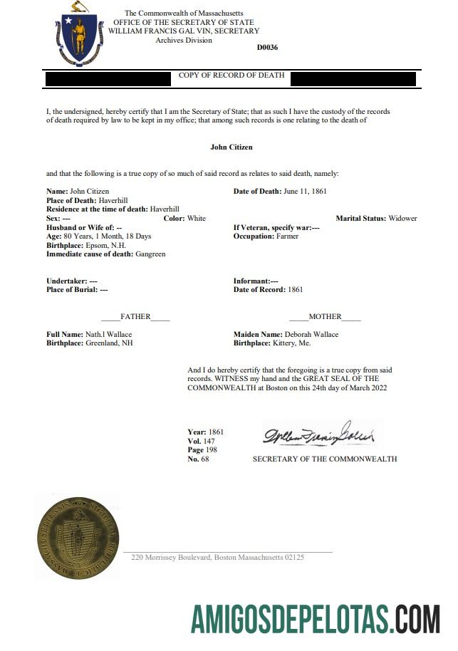 Certidão de Óbito de Massachussetts nos EUA modelo