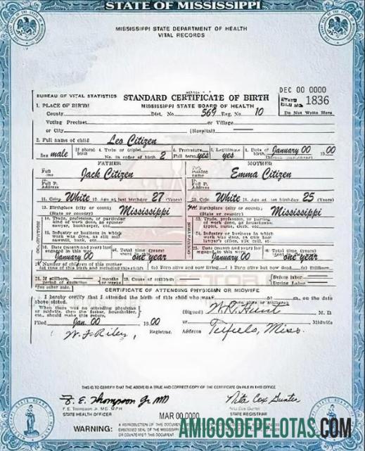 para download Modelo de certidão de nascimento do estado do Mississippi nos EUA em formato PSD