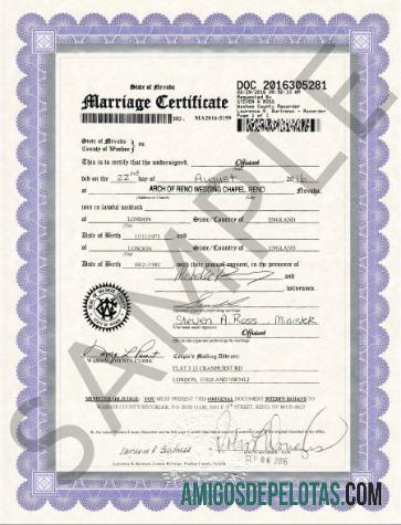 Certidão de Casamento do Cartório de Registro dos EUA em Nevada exemplo real