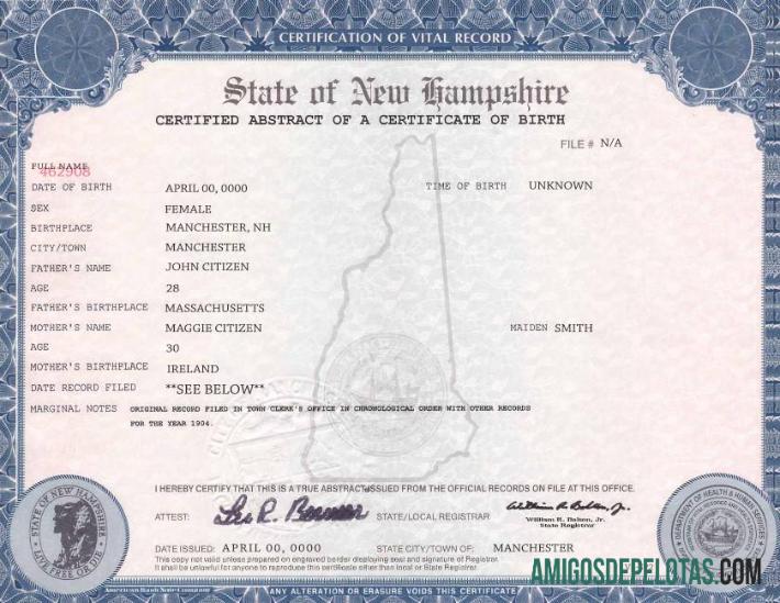 Certidão de Nascimento EUA New Hampshire exemplo