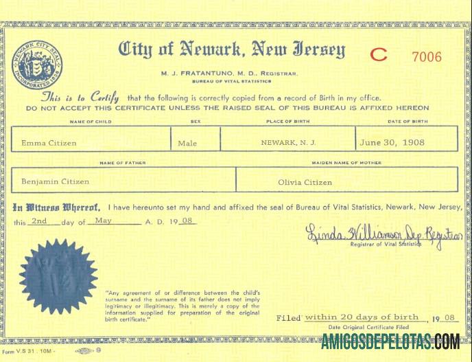 Certidão de Nascimento EUA Nova Jersey exemplo