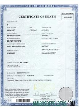 Certificado de Óbito dos EUA Nova Jersey modelo