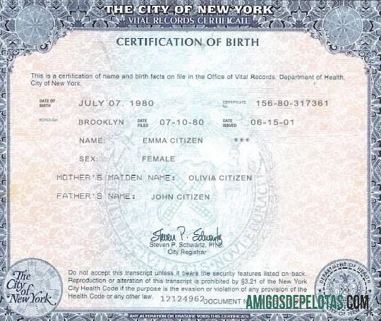Em branco modelo de certidão de nascimento do estado de Nova York nos EUA em formato PSD