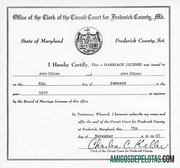 Escritório do Tribunal de Circuito dos EUA para Certidão de Casamento do Condado de Frederick amostra