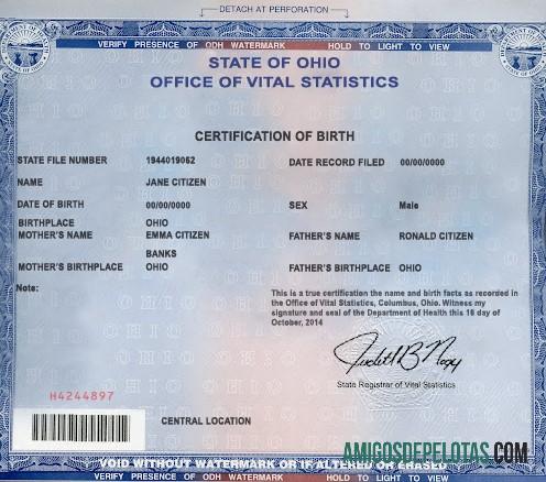 Imprimível modelo de certidão de nascimento do estado de Ohio nos EUA em formato PSD