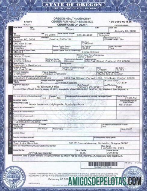 Certidão de Óbito dos EUA Oregon baixar para verificação